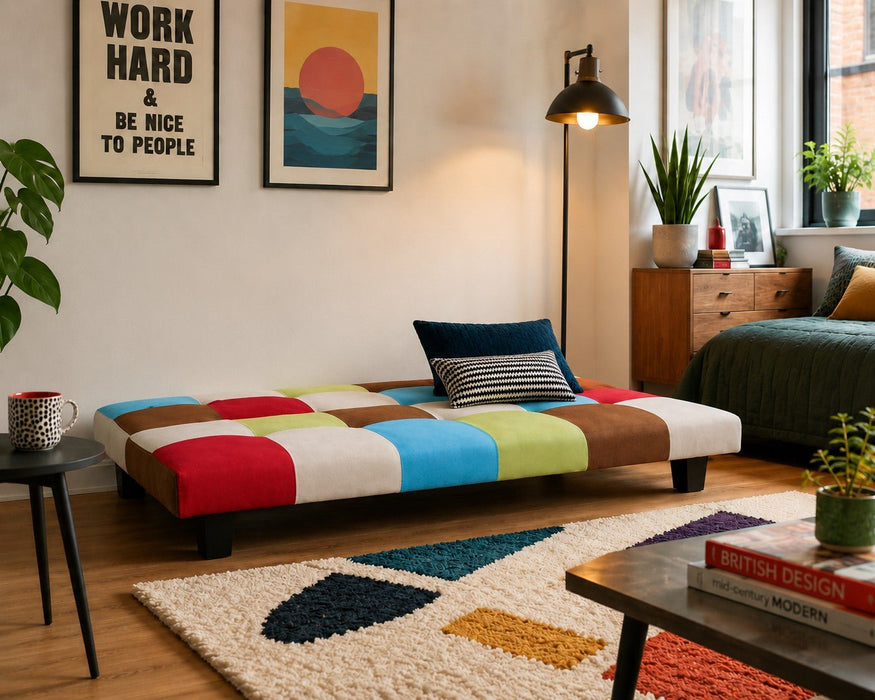 Atlanta Fabric Sofa Bed, Rainbow Patchwork Fabric