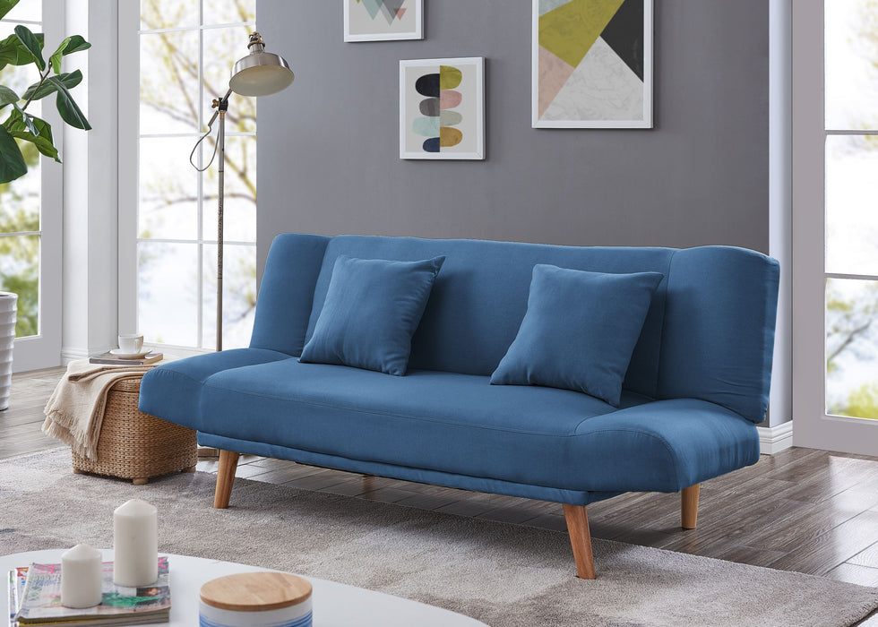 Hamilton Fabric Sofa Bed With Throw Matching Cushions Wooden Legs, Blue Fabric