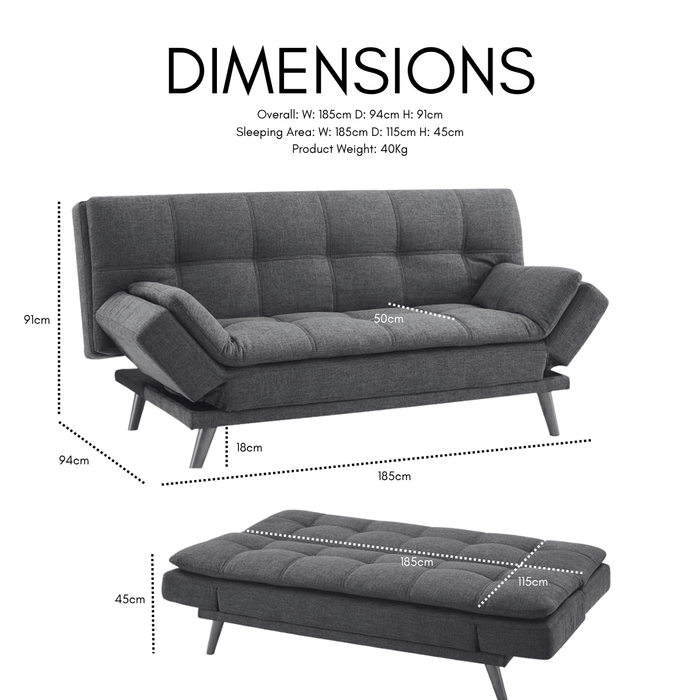 Duncan Fabric Sofa Bed With Adjustable Armrests. Wooden Legs, Light Grey Fabric