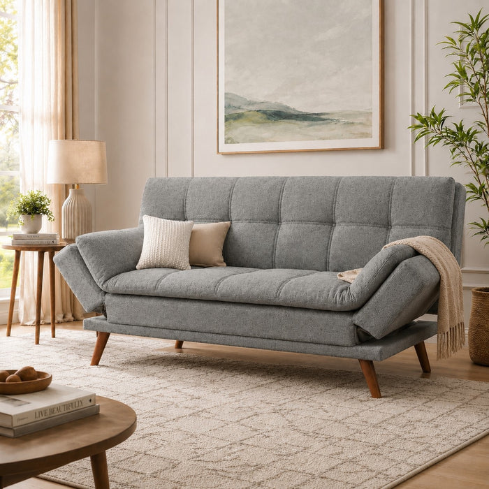 Duncan Fabric Sofa Bed With Adjustable Armrests. Wooden Legs, Grey Fabric