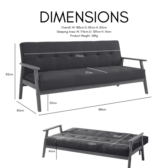 Langford Fabric Sofa Bed With Dark Wooden Frame, Charcoal fabric