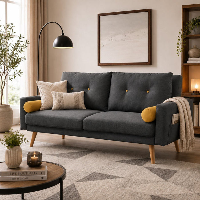 Langley Fabric Sofa Bed With Light Wooden Legs, Contrasting Bolster Cushions, Charcoal fabric