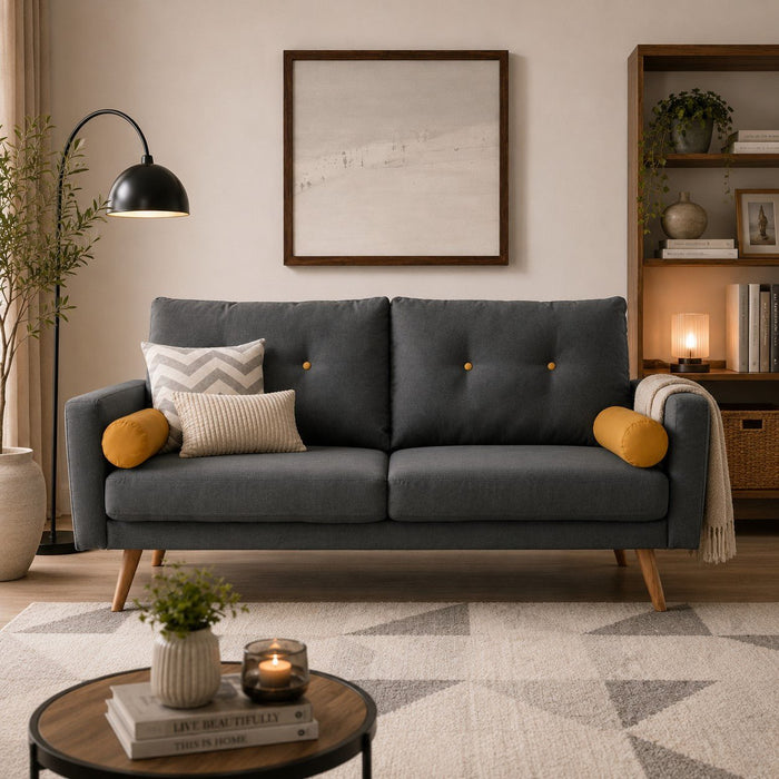 Langley Fabric Sofa Bed With Light Wooden Legs, Contrasting Bolster Cushions, Charcoal fabric