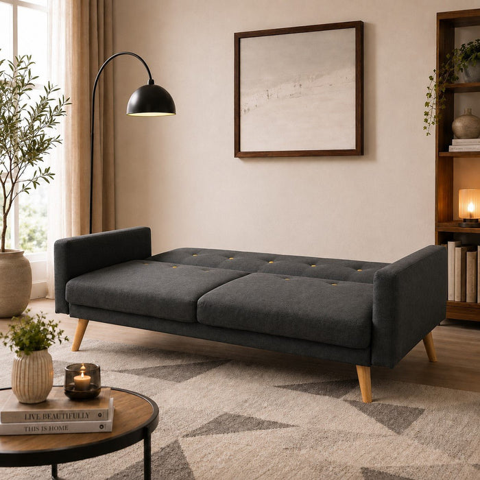Langley Fabric Sofa Bed With Light Wooden Legs, Contrasting Bolster Cushions, Charcoal fabric