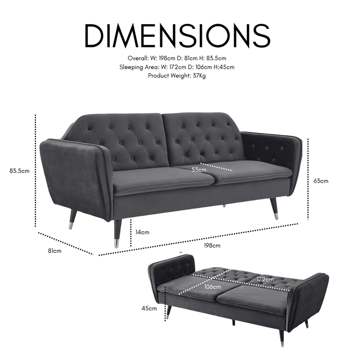 Whitby Velvet Sofa Bed Chesterfield Design With Metal Tipped Wooden Legs, Black Velvet