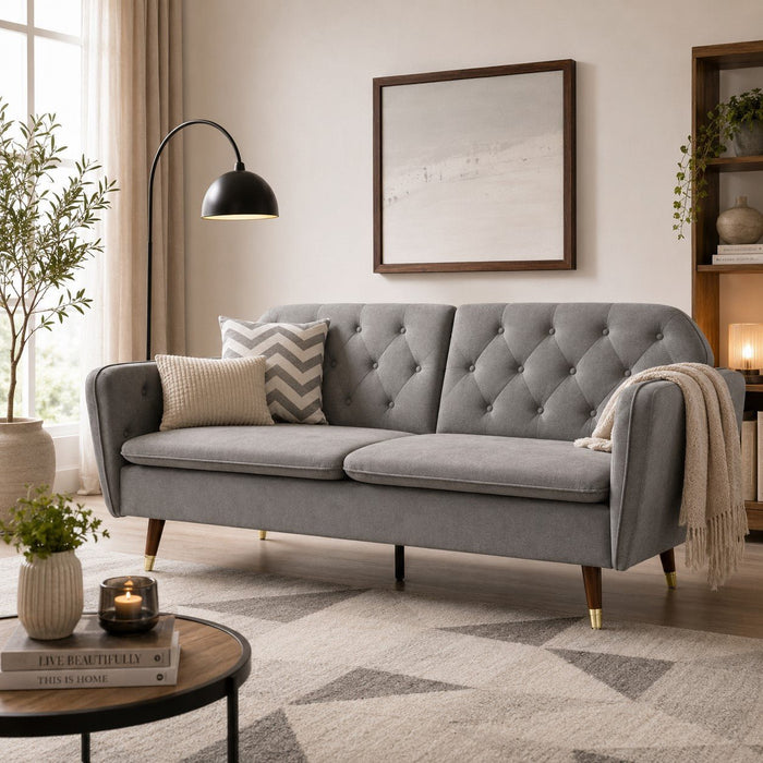 Whitby Velvet Sofa Bed Chesterfield Design With Metal Tipped Wooden Legs, Grey Velvet