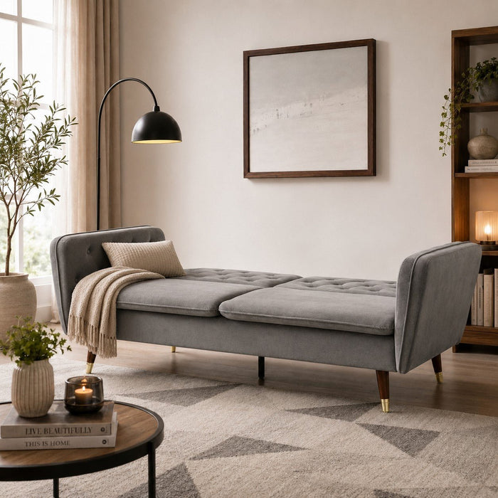 Whitby Velvet Sofa Bed Chesterfield Design With Metal Tipped Wooden Legs, Grey Velvet