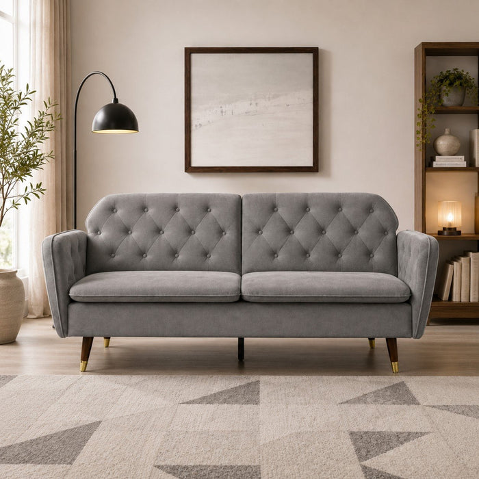 Whitby Velvet Sofa Bed Chesterfield Design With Metal Tipped Wooden Legs, Grey Velvet
