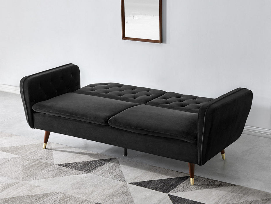 Whitby Velvet Sofa Bed Chesterfield Design With Metal Tipped Wooden Legs, Black Velvet