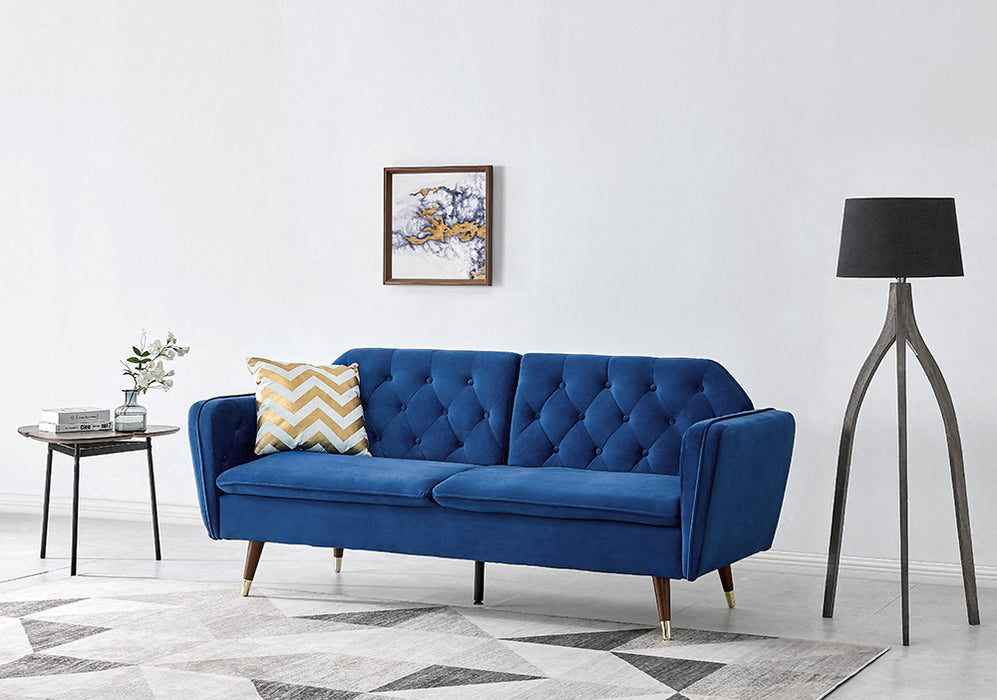 Whitby Velvet Sofa Bed Chesterfield Design With Metal Tipped Wooden Legs, Blue Velvet