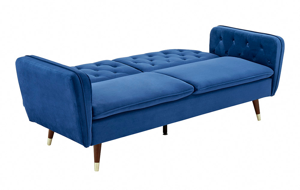 Whitby Velvet Sofa Bed Chesterfield Design With Metal Tipped Wooden Legs, Blue Velvet