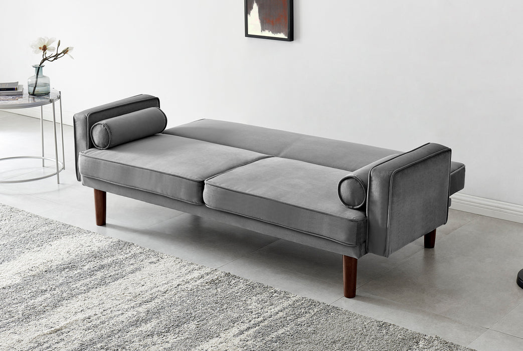Sutton Velvet Sofa Bed with Matching Bolster Cushions and Wooden legs, Grey Velvet