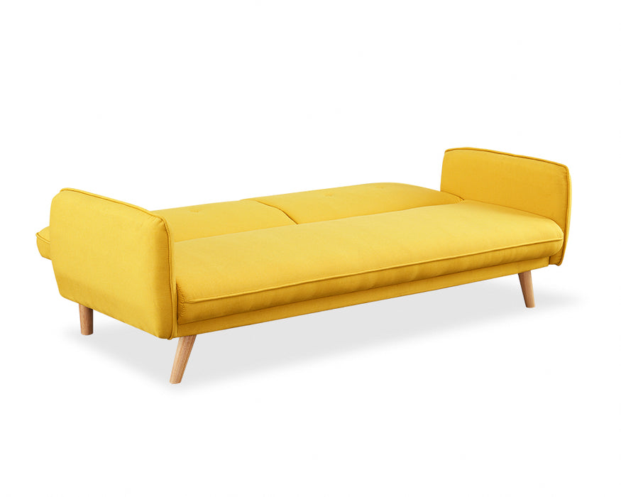 Belmont 3 Seater Fabric Sofa Bed With Natural Wooden Legs Tufted Backrest, Mustard