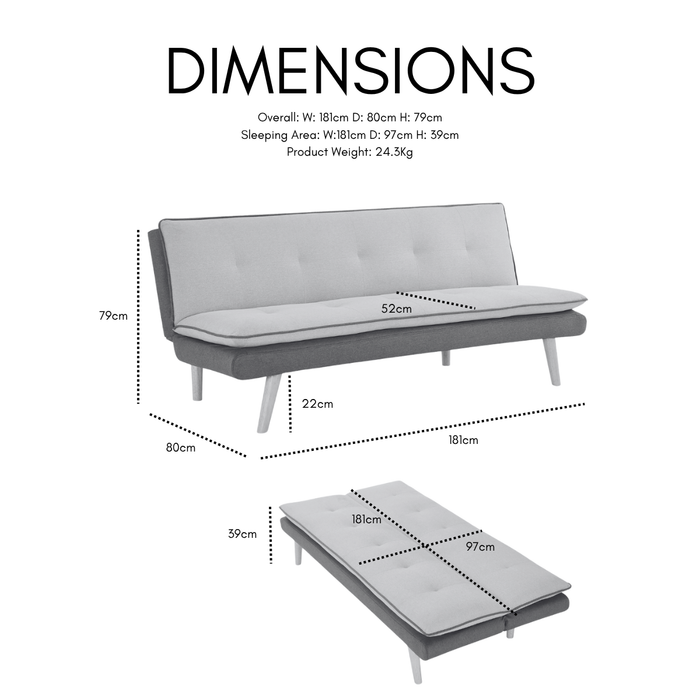 Willow Fabric Sofa Bed Contrast Fabric Pillow Topper Wooden Legs, Grey Fabric