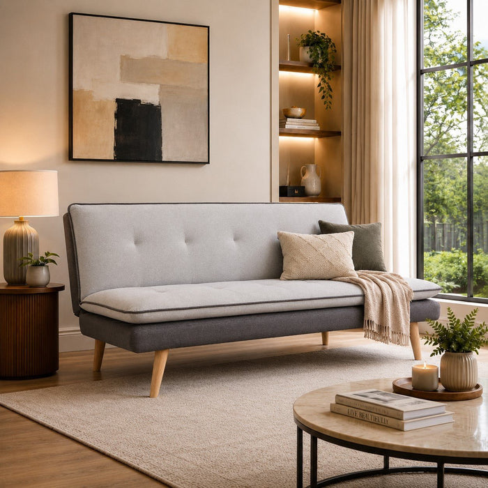 Willow Fabric Sofa Bed Contrast Fabric Pillow Topper Wooden Legs, Grey Fabric