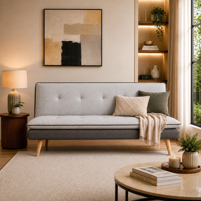 Willow Fabric Sofa Bed Contrast Fabric Pillow Topper Wooden Legs, Grey Fabric