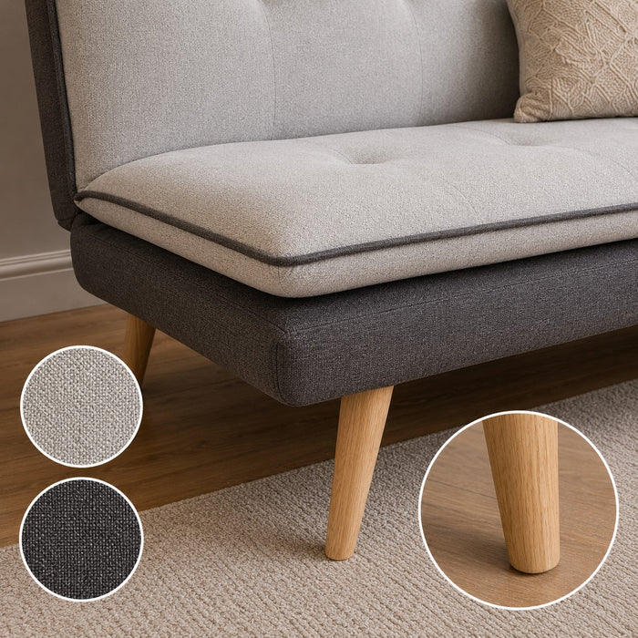 Willow Fabric Sofa Bed Contrast Fabric Pillow Topper Wooden Legs, Grey Fabric