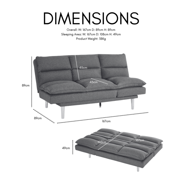 Idris Fabric Sofa Bed  Padded Pillow Topped Wooden Legs Chaise, Grey Fabric