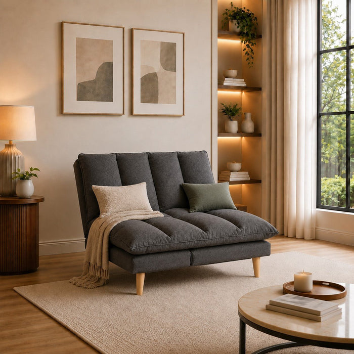 Idris Fabric Sofa Bed  Padded Pillow Topped Wooden Legs Chaise, Grey Fabric