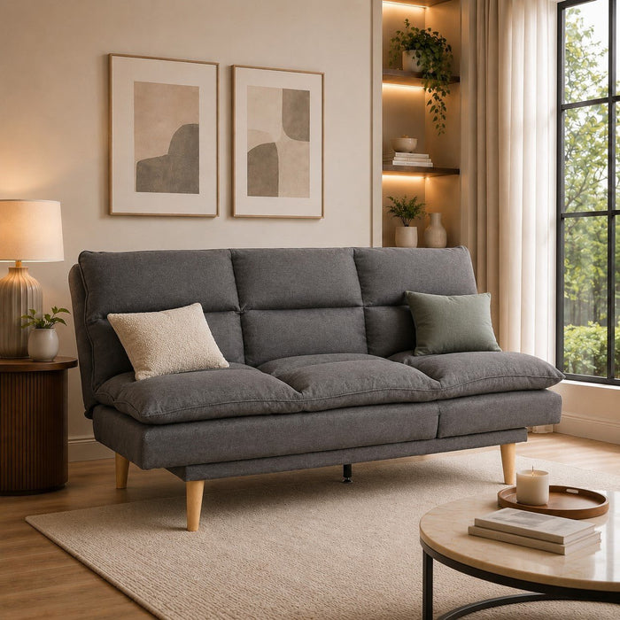 Idris Fabric Sofa Bed  Padded Pillow Topped Wooden Legs Chaise, Grey Fabric