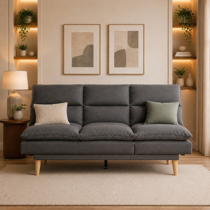 Idris Fabric Sofa Bed  Padded Pillow Topped Wooden Legs Chaise, Grey Fabric