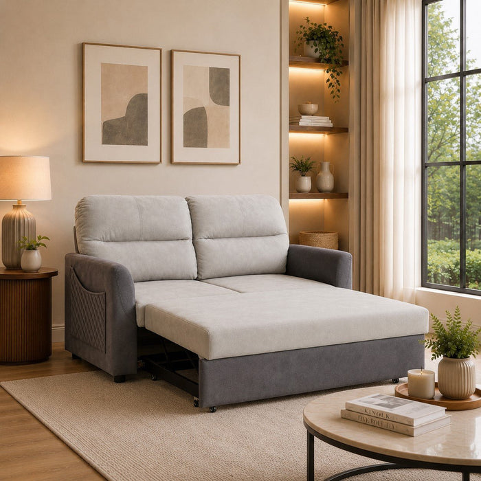 Dennis Fabric Pull-Out Sofa Bed With Storage Pocket, Duo Contrast Fabric, Grey Air Leather Fabric