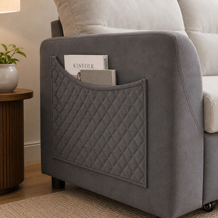 Dennis Fabric Pull-Out Sofa Bed With Storage Pocket, Duo Contrast Fabric, Grey Air Leather Fabric