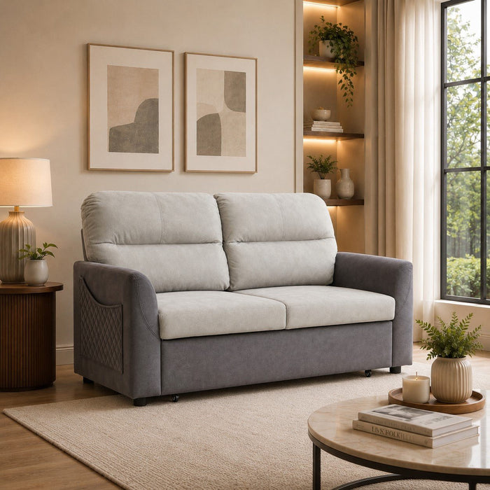 Dennis Fabric Pull-Out Sofa Bed With Storage Pocket, Duo Contrast Fabric, Grey Air Leather Fabric