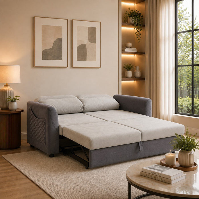 Dennis Fabric Pull-Out Sofa Bed With Storage Pocket, Duo Contrast Fabric, Grey Air Leather Fabric