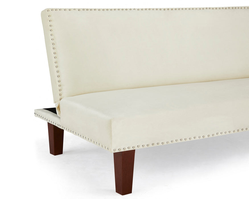 FREYA 3 Seater Cream Velvet Studded edge Wooden Block Legs Clic-Clac Sofabed