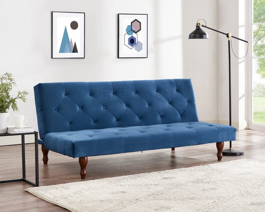 Newell 3 Seater Blue Velvet Fabric Clic Clac Button Back Tufted Sofabed