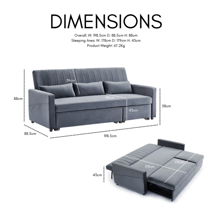 Devon Fabric Pull-Out Sofa Bed Storage Pocket Chaise, Grey Linen Fabric