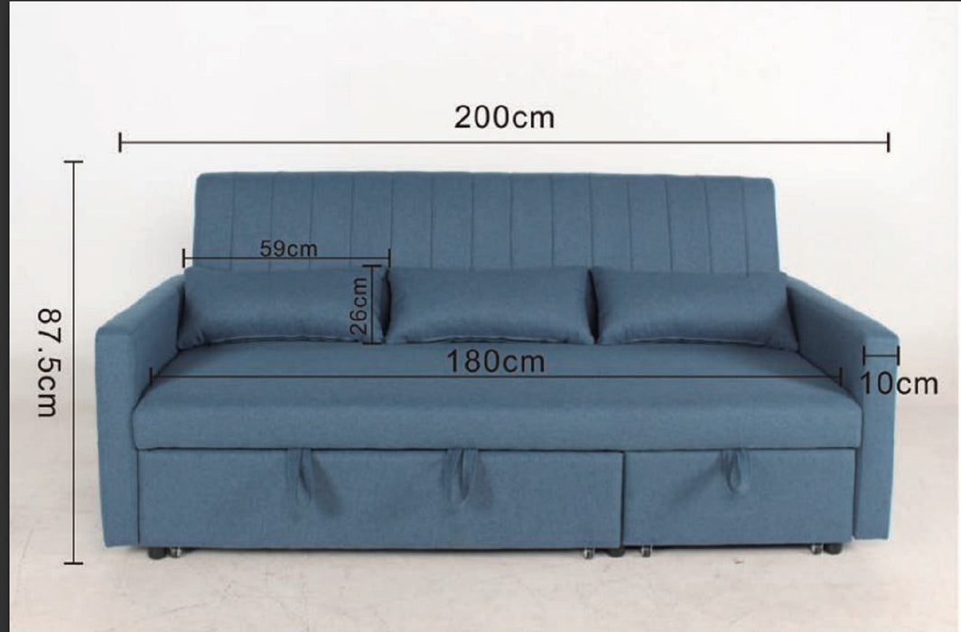 Devon Velvet Pull-Out Sofa Bed Storage Pocket Chaise, Blue Velvet