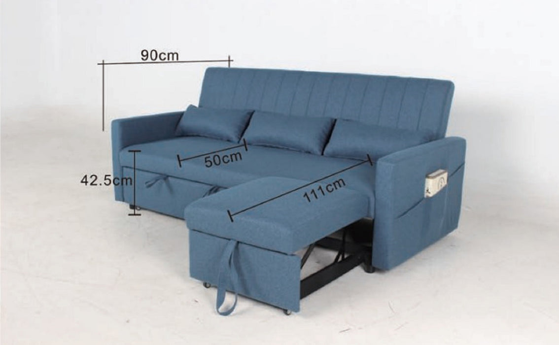 Devon 3 Seater Storage Pocket Chaise Pull Out Fabric Blue Velvet Sofa bed