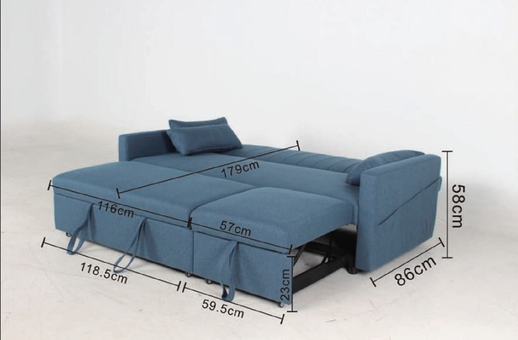 Devon 3 Seater Storage Pocket Chaise Pull Out Fabric Blue Velvet Sofa bed