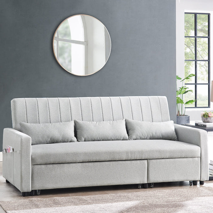 Devon Fabric Pull-Out Sofa Bed Storage Pocket Chaise, Grey Linen Fabric