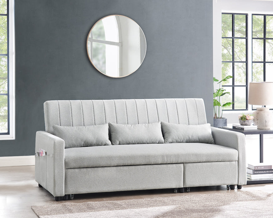 Devon Fabric Pull-Out Sofa Bed Storage Pocket Chaise, Grey Linen Fabric