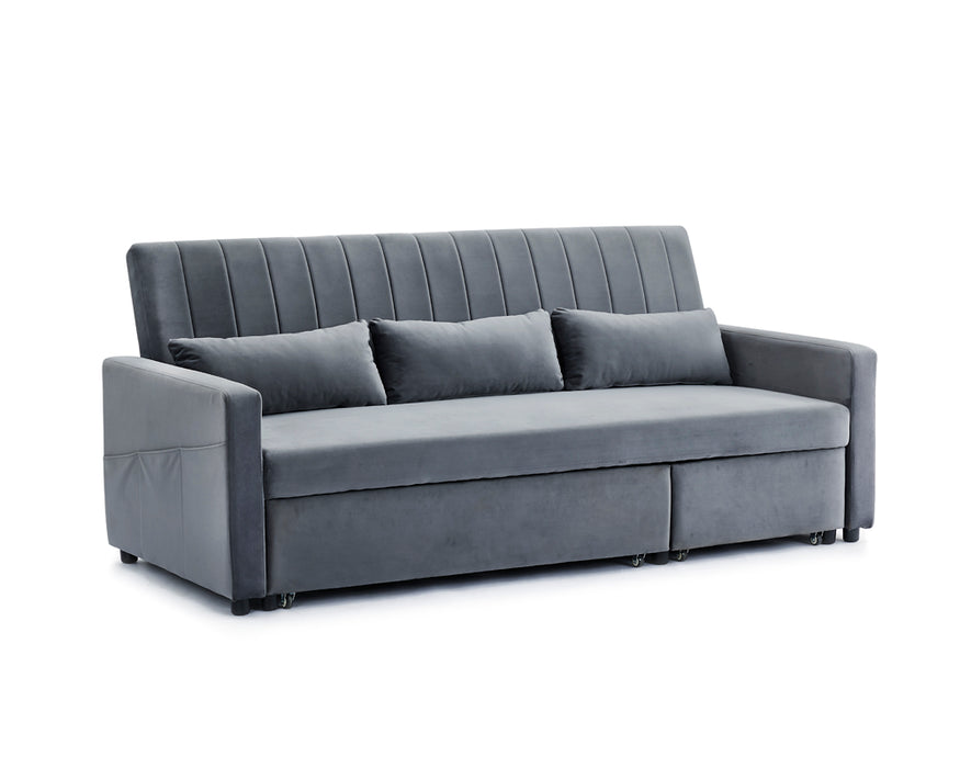 Devon Velvet Pull-Out Sofa Bed Storage Pocket Chaise, Dark Grey Velvet