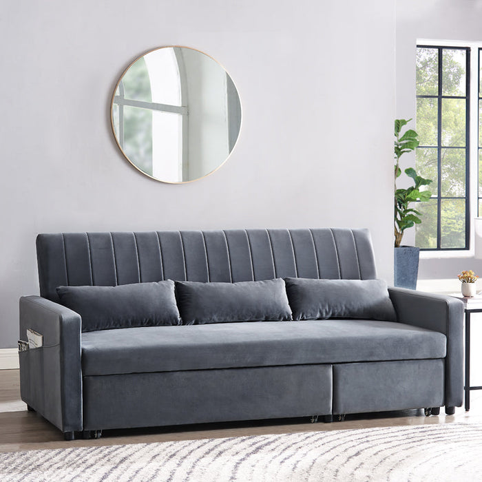 Devon Velvet Pull-Out Sofa Bed Storage Pocket Chaise, Dark Grey Velvet