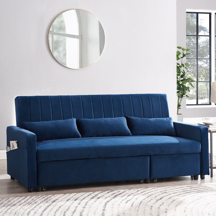 Devon Velvet Pull-Out Sofa Bed Storage Pocket Chaise, Blue Velvet