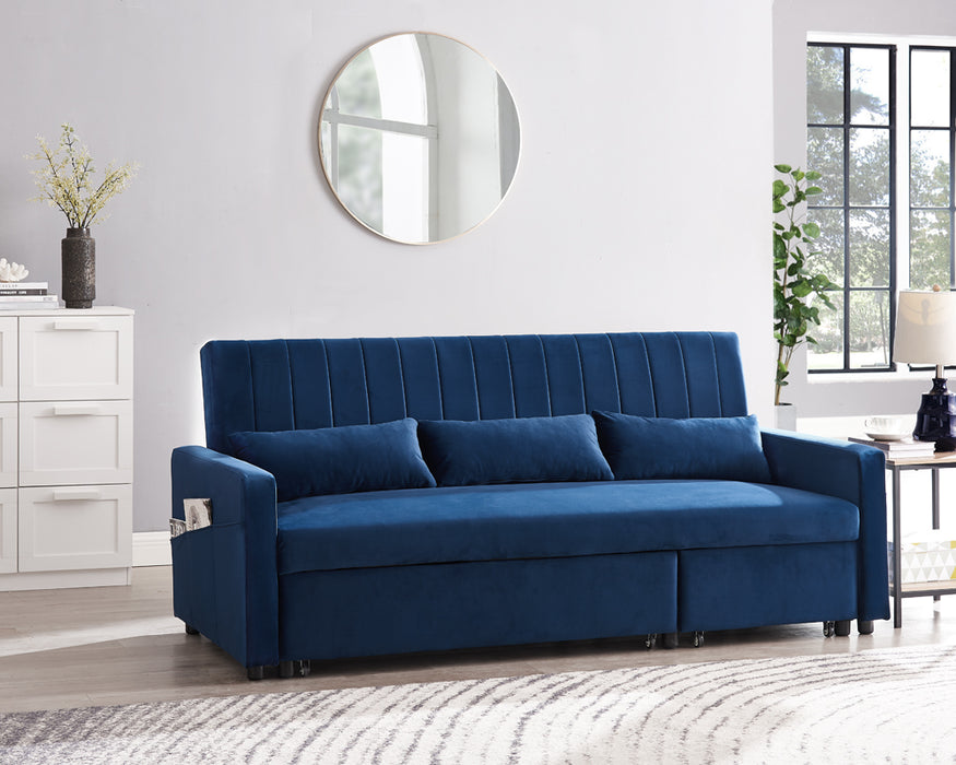 Devon Velvet Pull-Out Sofa Bed Storage Pocket Chaise, Blue Velvet