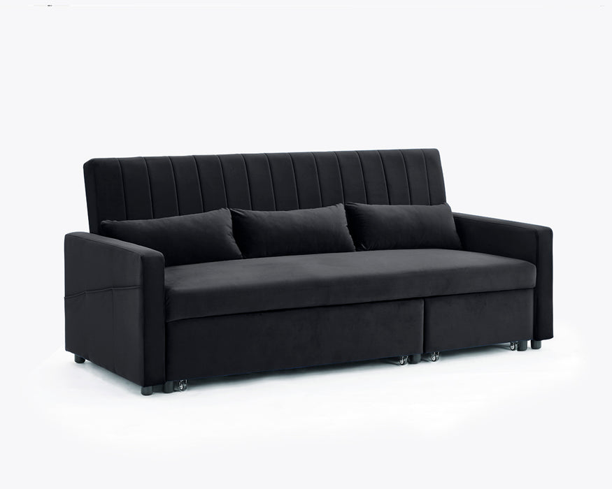Devon Velvet Pull-Out Sofa Bed Storage Pocket Chaise, Black Velvet