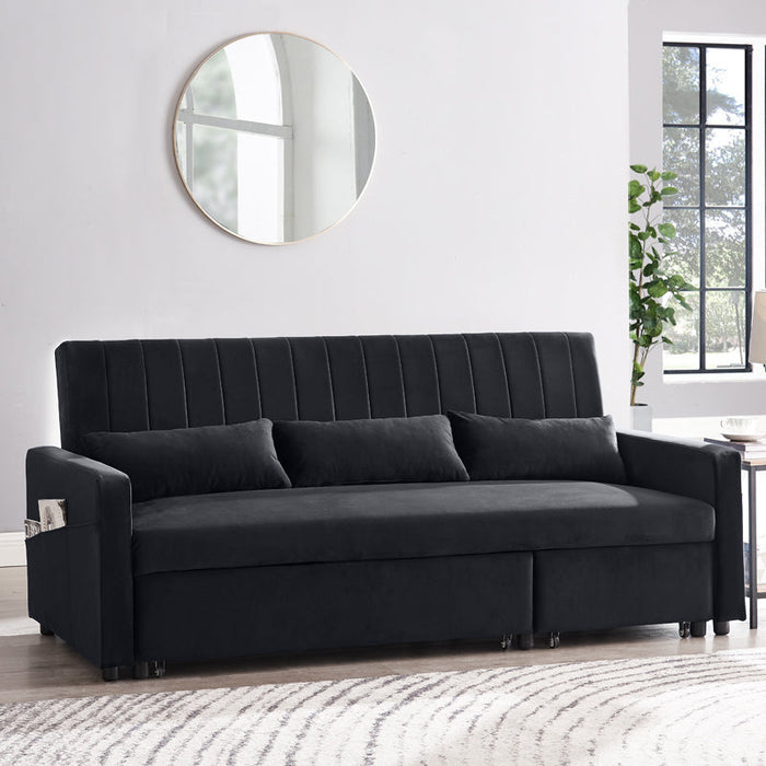 Devon Velvet Pull-Out Sofa Bed Storage Pocket Chaise, Black Velvet