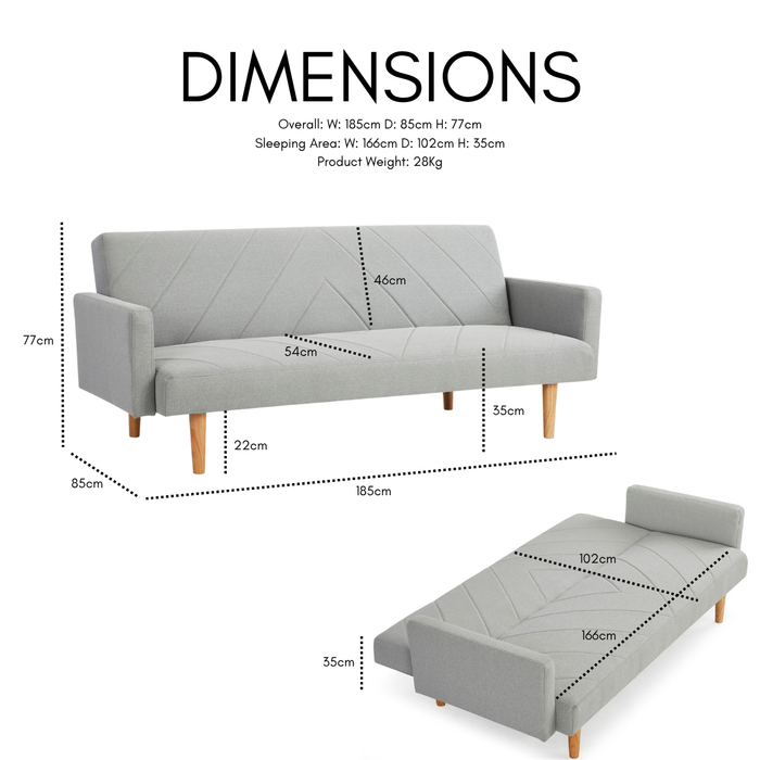 Ryan Fabric Sofa Bed Chevron Design With Wooden Leg, Light Grey Fabric