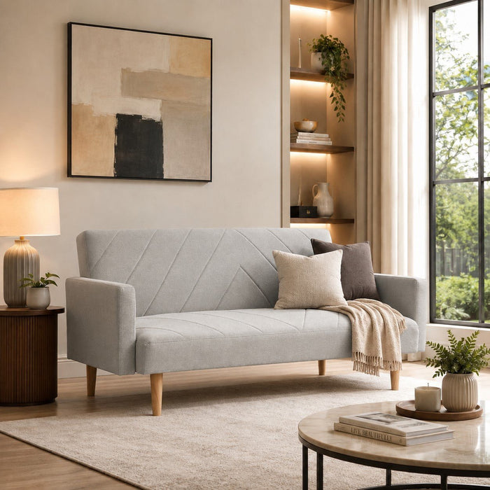 Ryan Fabric Sofa Bed Chevron Design With Wooden Leg, Light Grey Fabric