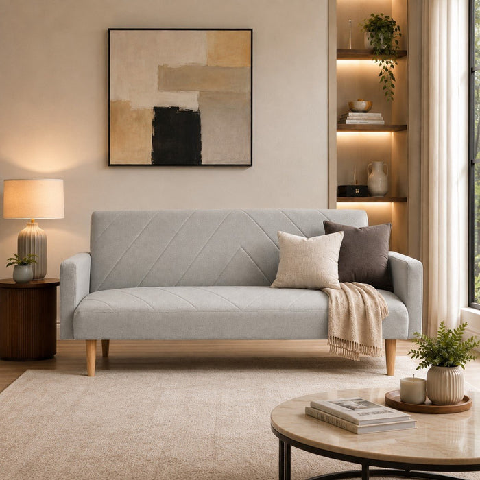 Ryan Fabric Sofa Bed Chevron Design With Wooden Leg, Light Grey Fabric