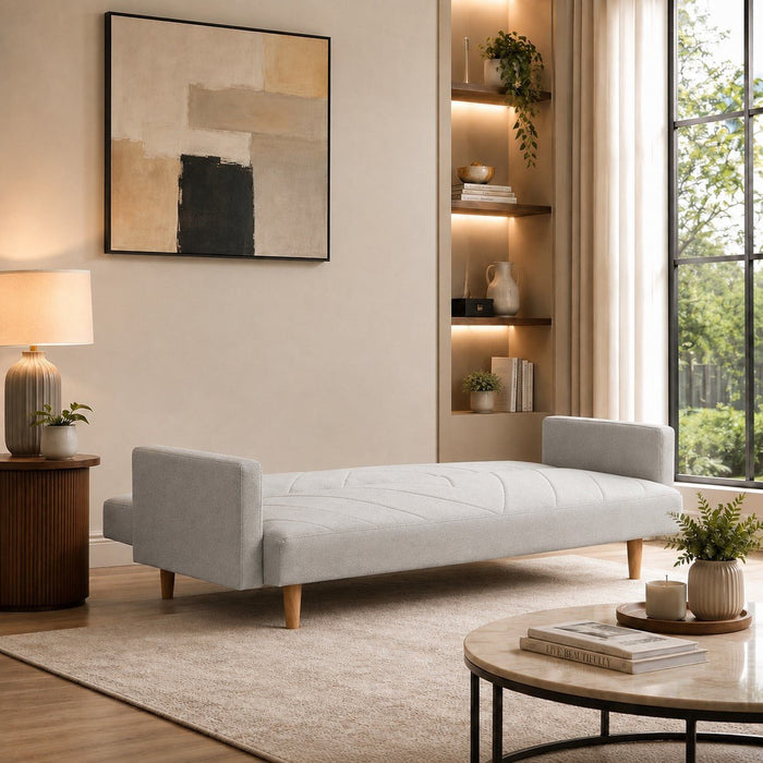 Ryan Fabric Sofa Bed Chevron Design With Wooden Leg, Light Grey Fabric