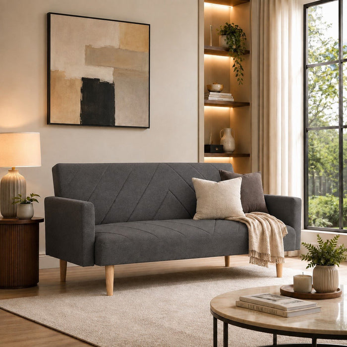 Ryan Fabric Sofa Bed Chevron Design With Wooden Leg, Dark Grey Fabric