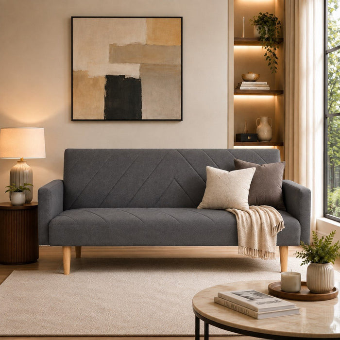 Ryan Fabric Sofa Bed Chevron Design With Wooden Leg, Dark Grey Fabric