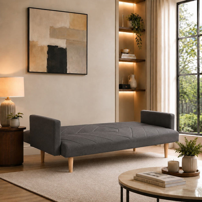 Ryan Fabric Sofa Bed Chevron Design With Wooden Leg, Dark Grey Fabric